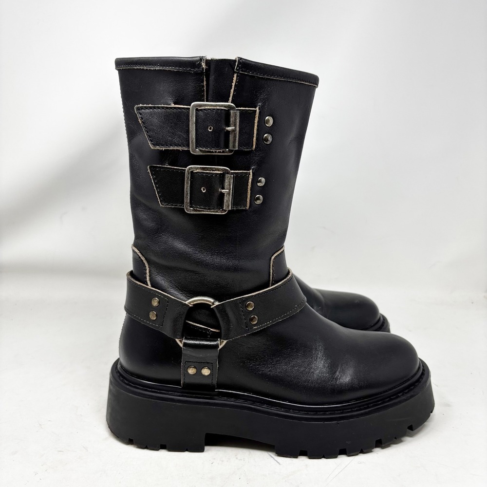 Steve Madden Black Leather Moto Harness Platform Lug Sole Boots Womens Size 7M - Picture 4 of 10